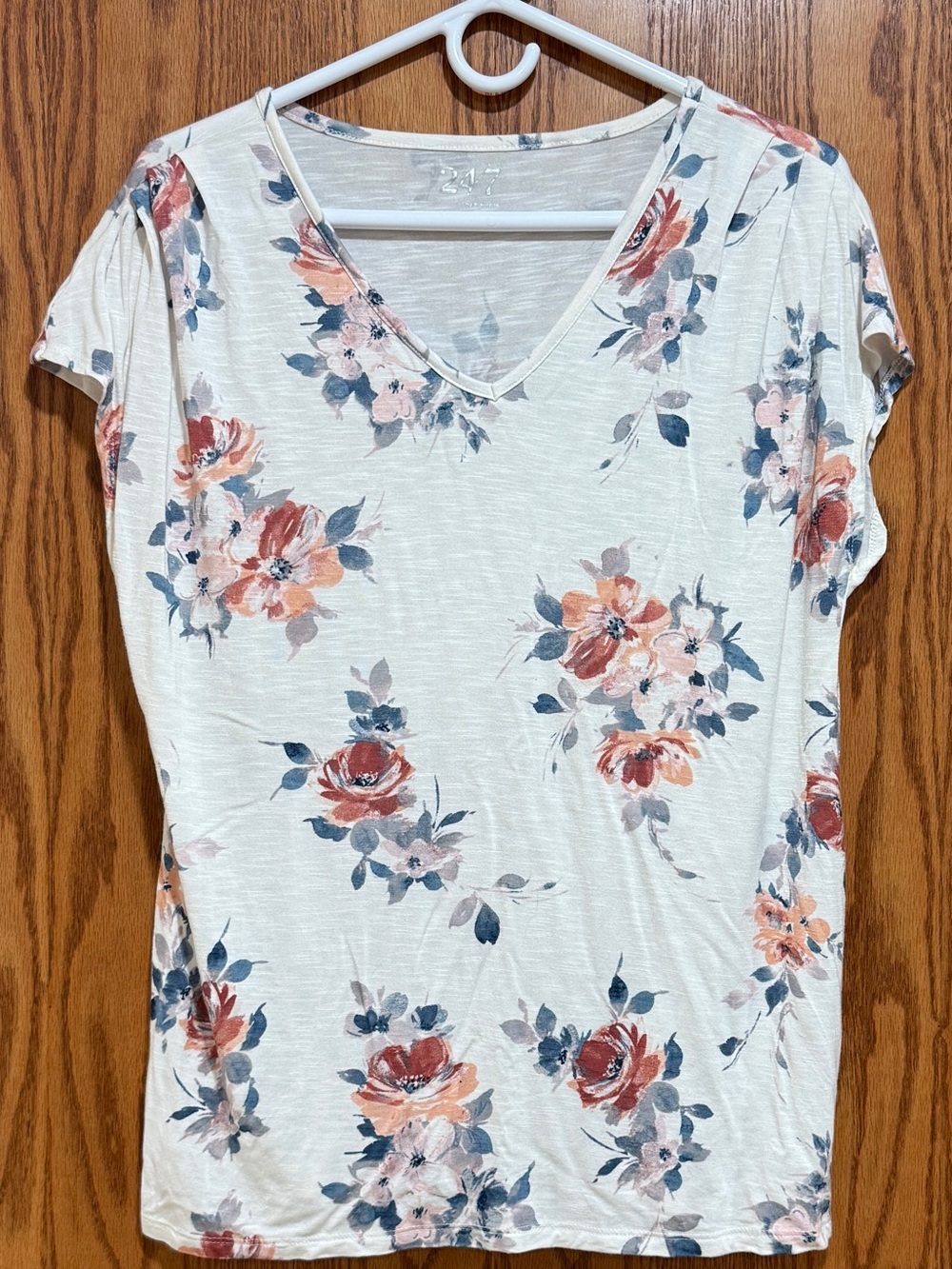 Maurices 24/7 V-Neck Floral Tee in Cream with Pink & Blue Blooms